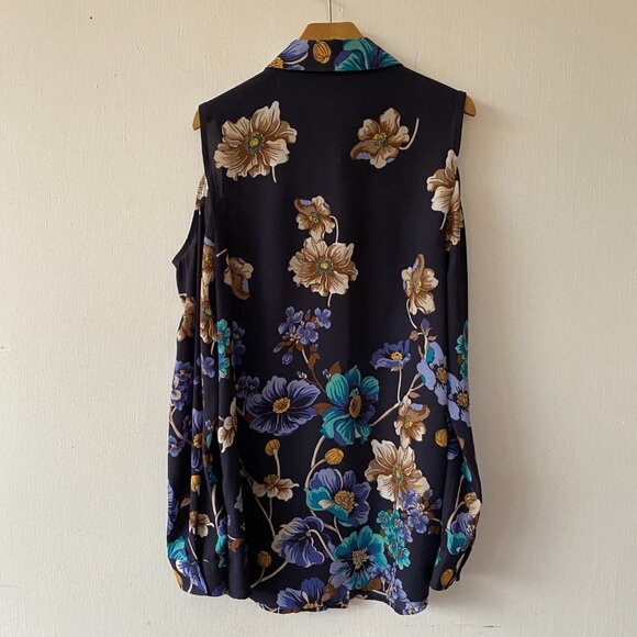 Chico's Cold-Shoulder Blouse Womens Small Blue Floral Collared Button Front - Picture 8 of 8